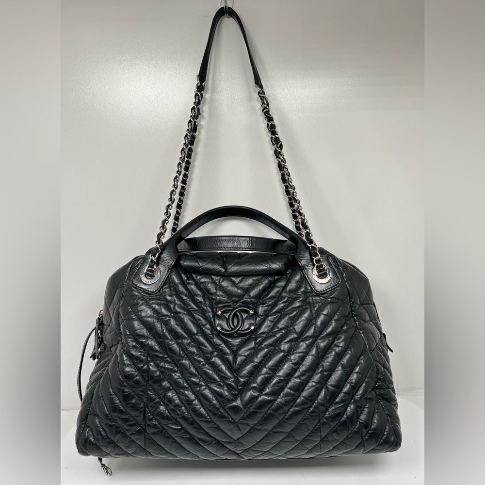 Chanel Soft Bowling Bag Chevron Aged Claf Skin Large Bag